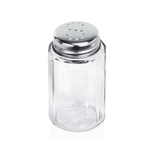 Salzstreuer aus Glas und Metall.