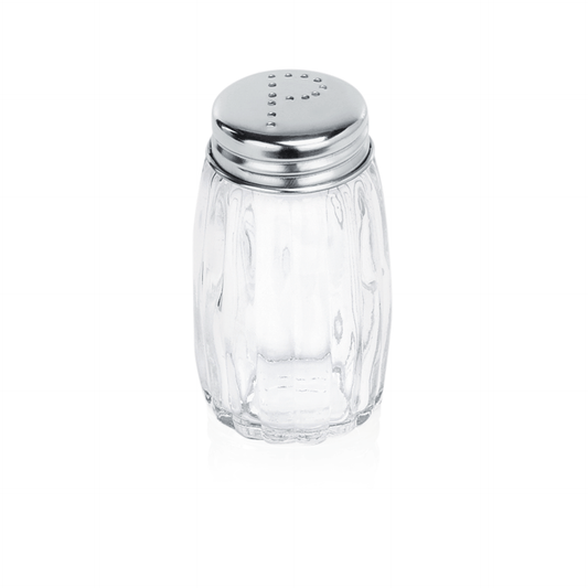 Salzstreuer aus Glas und Metall.