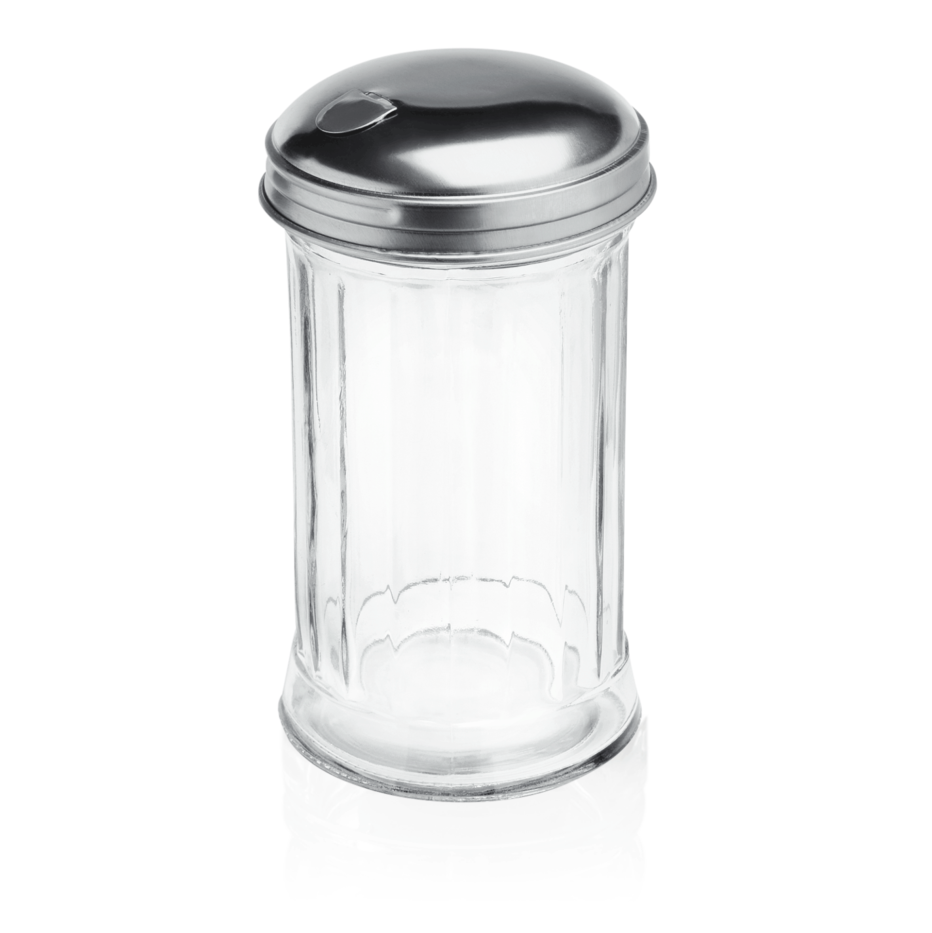 Zuckerstreuer aus Glas und Metall.