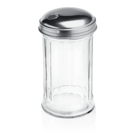 Zuckerstreuer aus Glas und Metall.