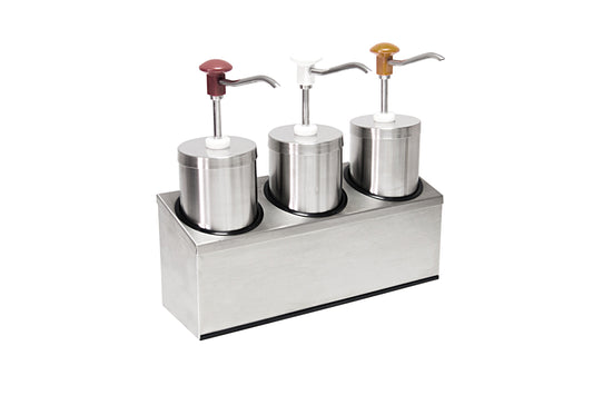 Drei Edelstahl-Pumpbehälter für Saucen.