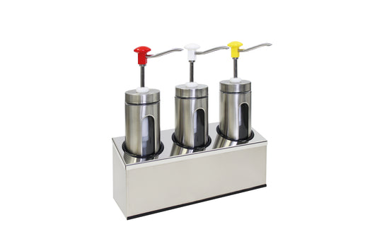 Drei Edelstahl-Saucenspender für Gastronomie.