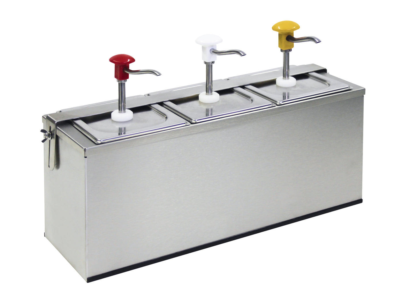 Drei Saucenspender aus Edelstahl.