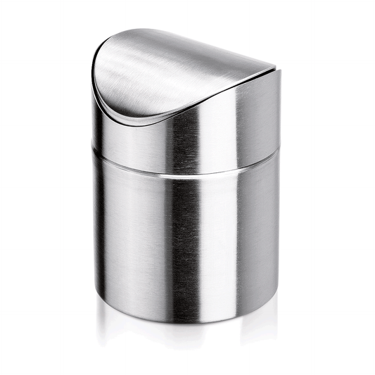Silberner Tischabfalleimer aus Metall.