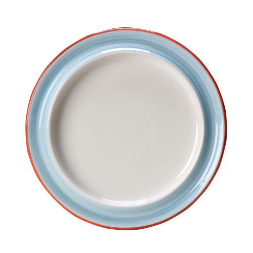 Teller mit blau-rotem Rand.