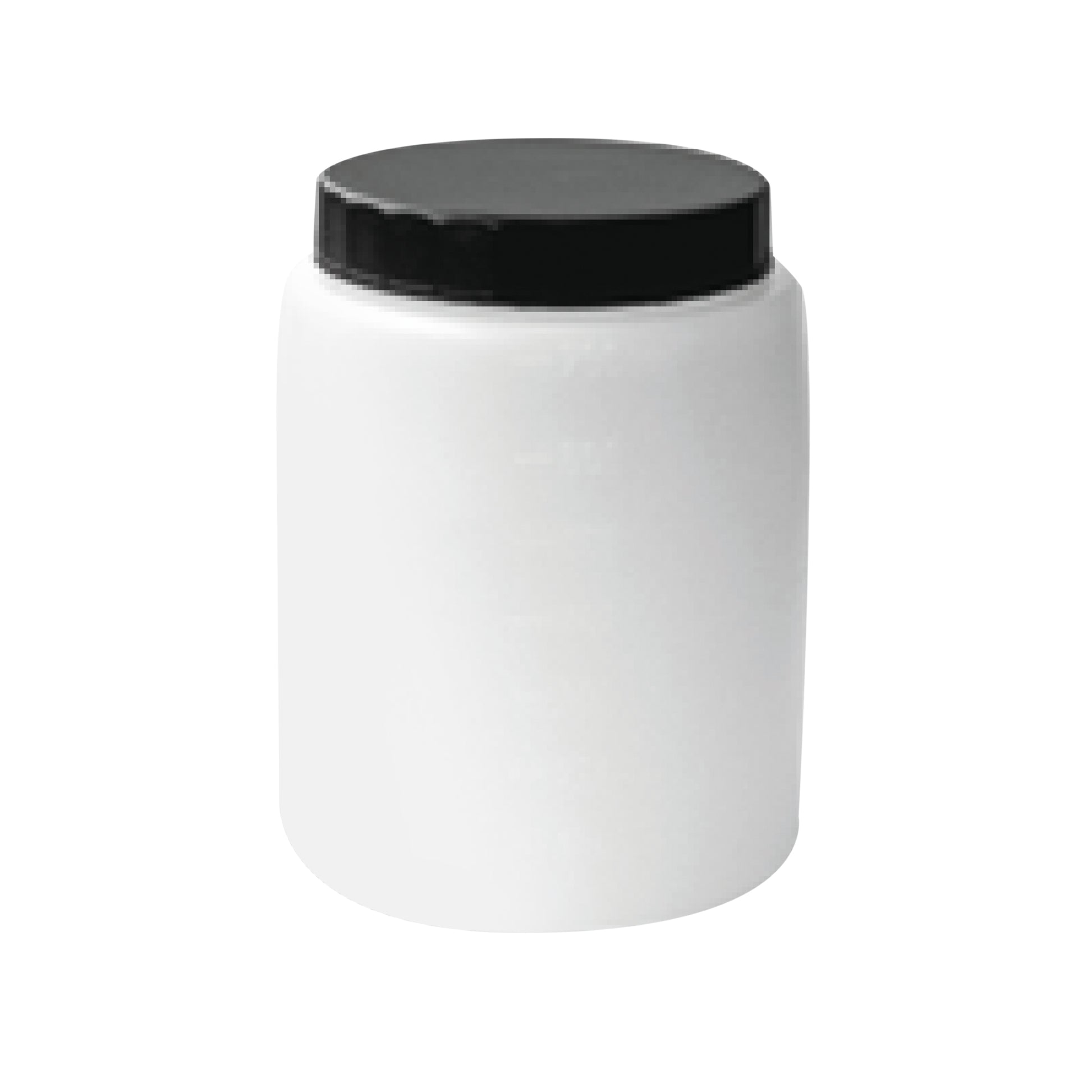 Weißer Behälter mit schwarzem Deckel.