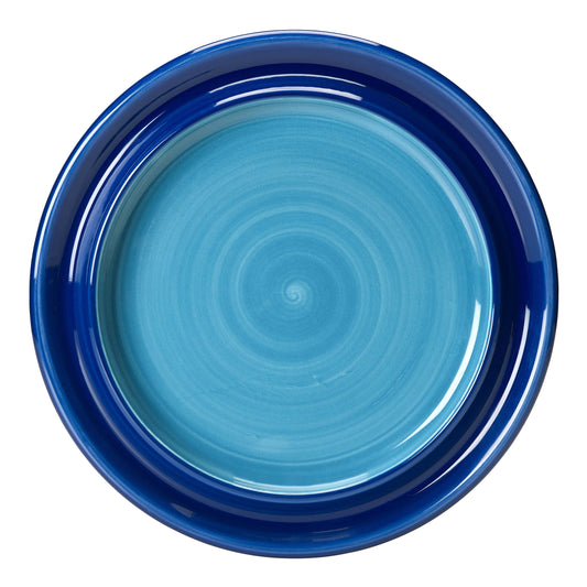 Blauer Teller mit spiralförmigem Muster.