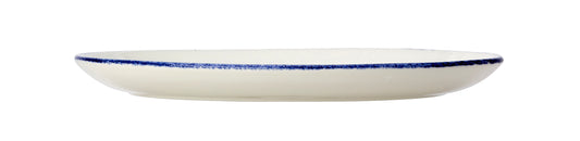Weißer Teller mit blauem Rand.