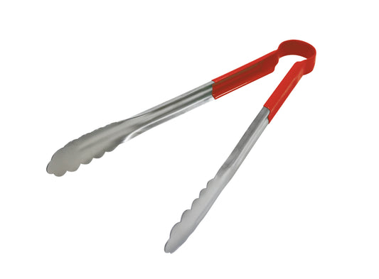 Edelstahlzange mit rotem Griff.