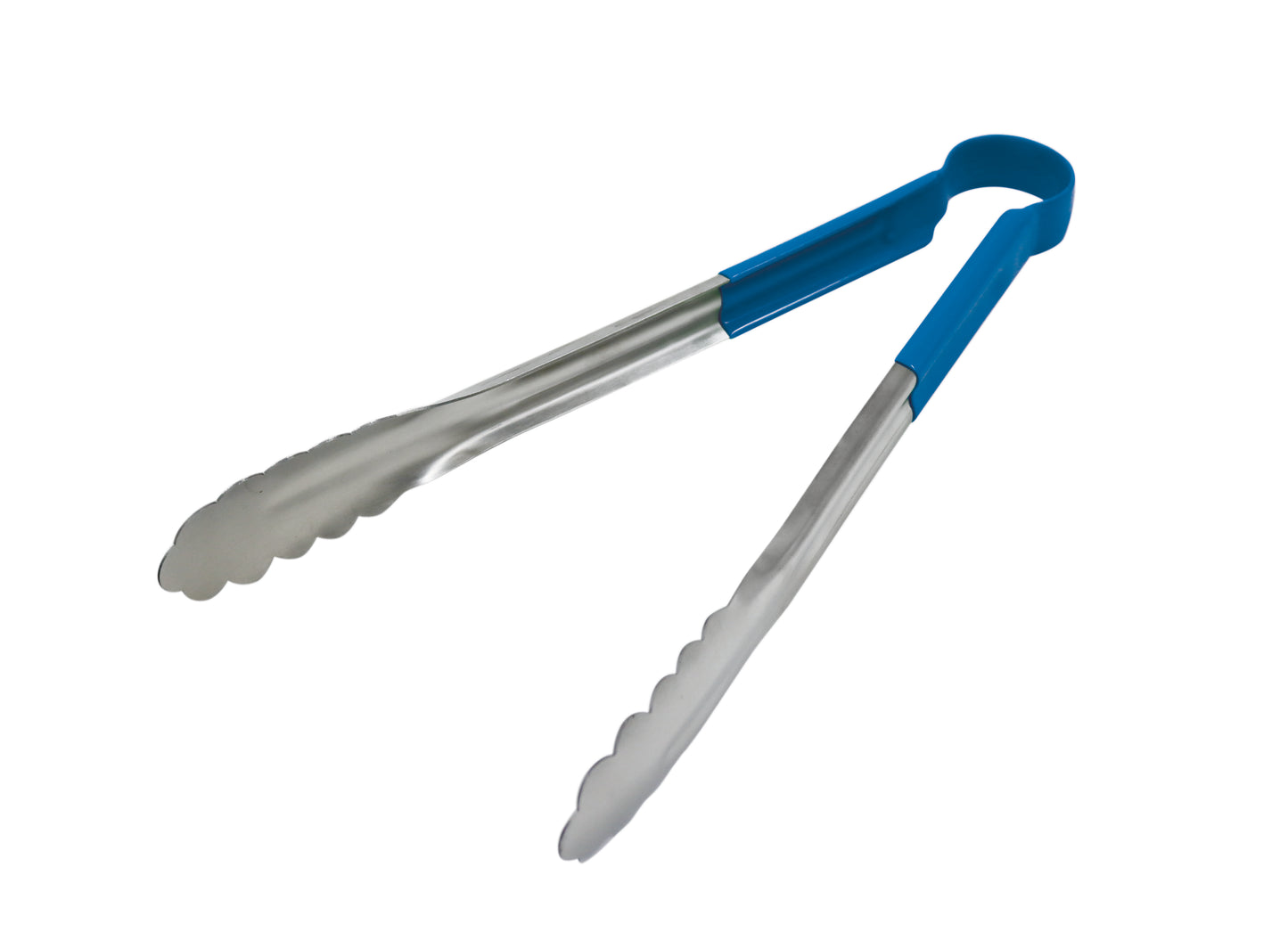 Edelstahlzange mit blauen Griffen.