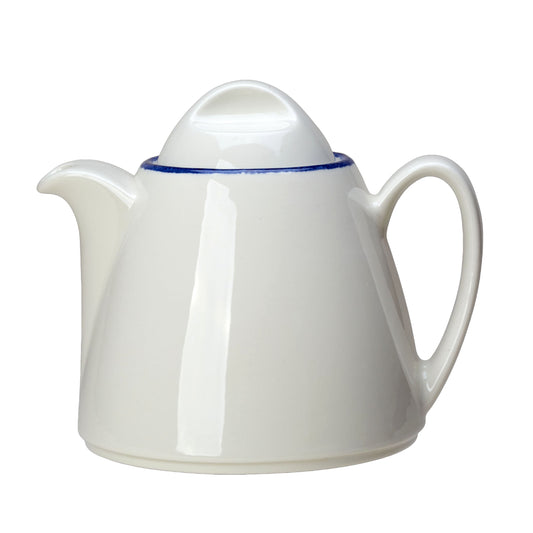 Weiße Teekanne mit blauem Rand.