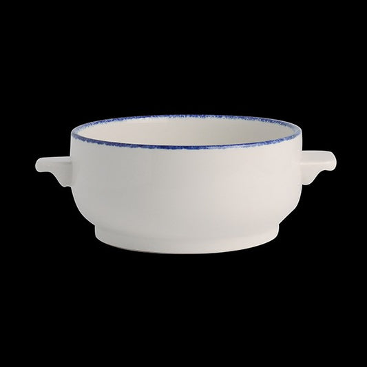 Weiße Suppenschüssel mit Griffen.