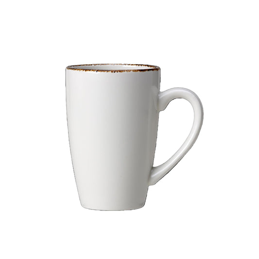 Weiße Tasse mit Henkel.