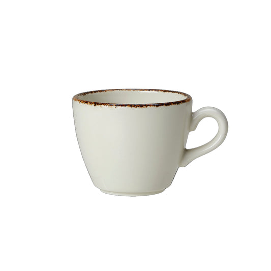 Weiße Tasse mit Henkel.