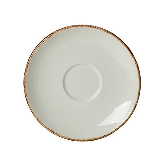 Weiße Untertasse mit braunem Rand.