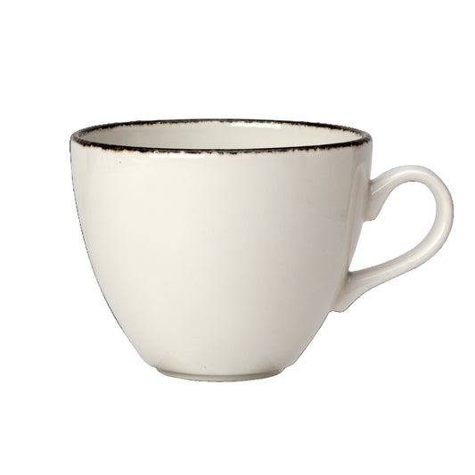 Weiße Tasse mit Henkel.