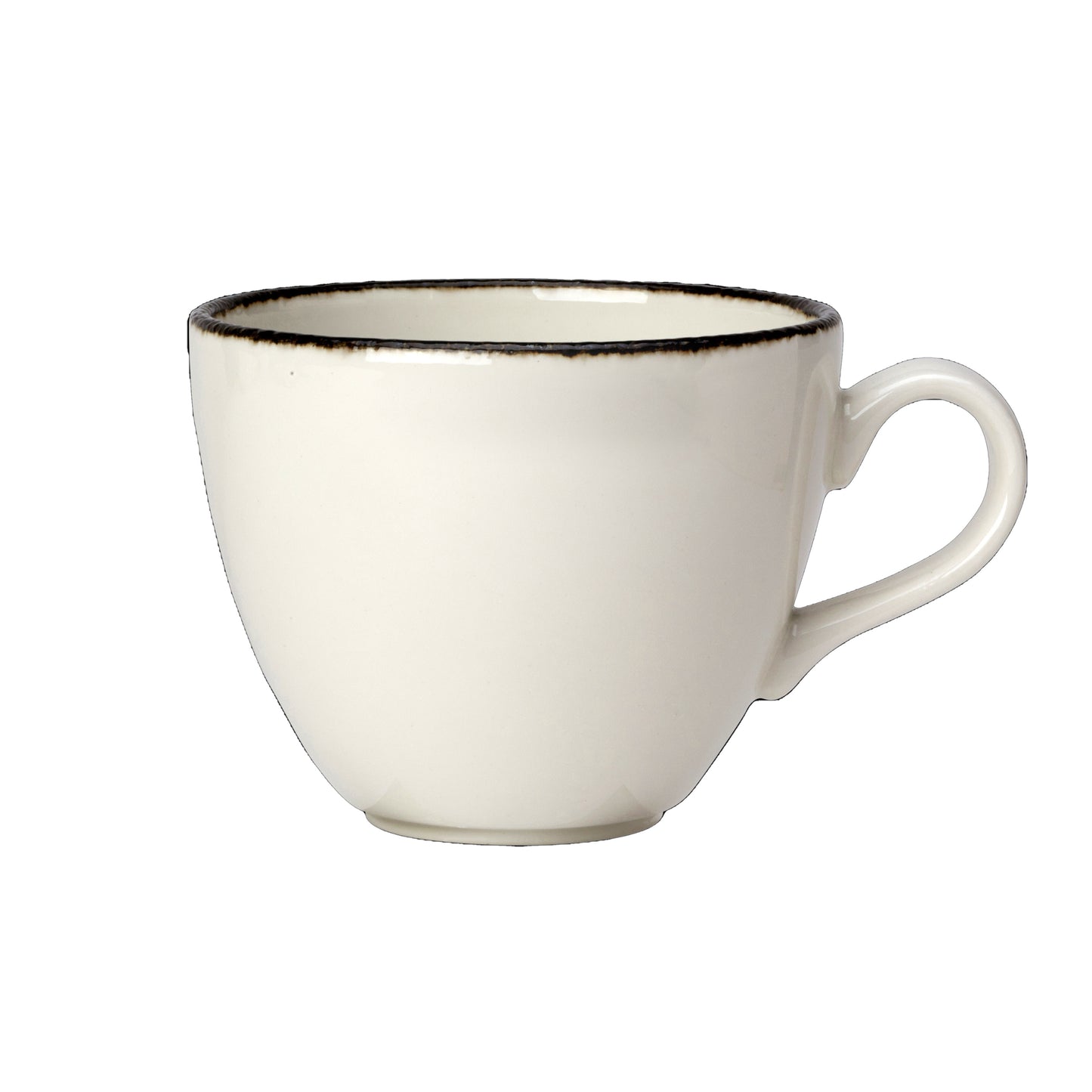 Weiße Tasse mit schwarzem Rand.