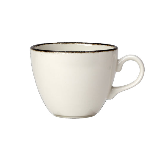 Weiße Tasse mit Henkel.