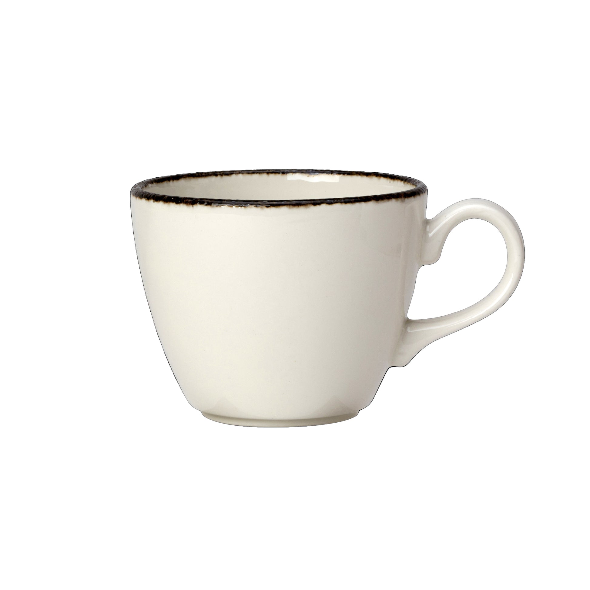 Weiße Tasse mit schwarzem Rand.