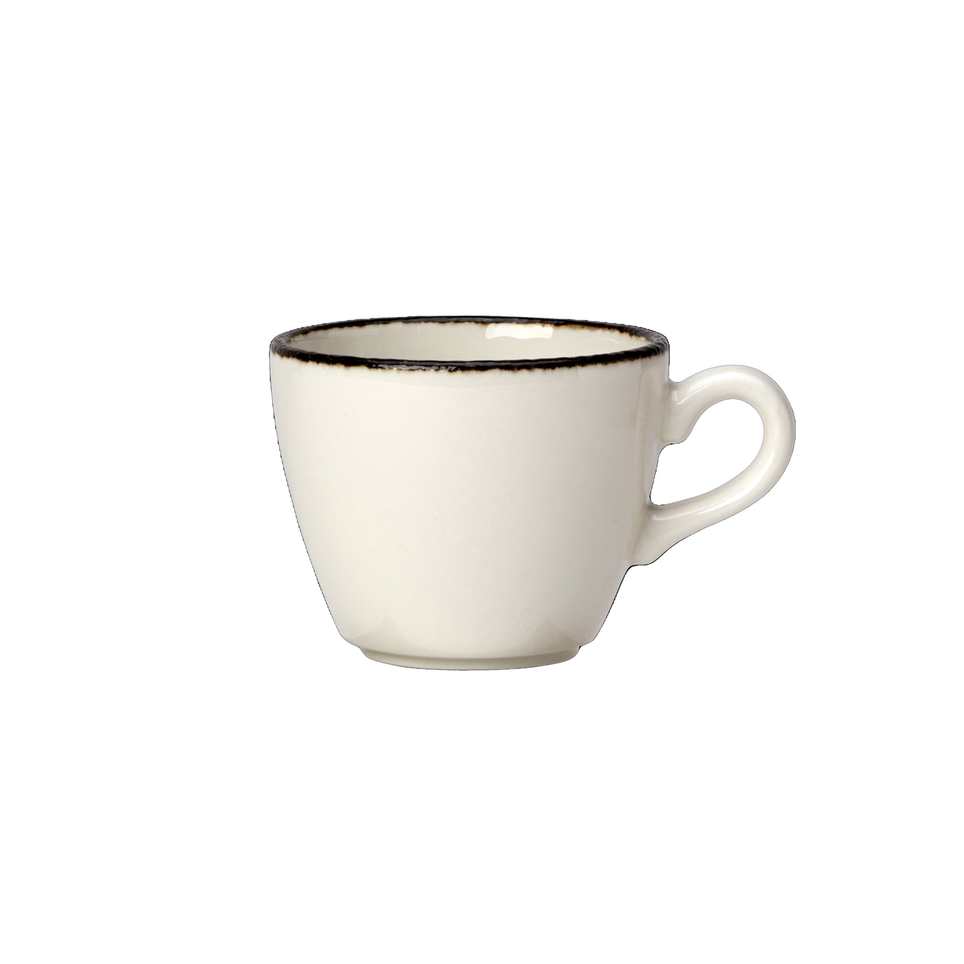Weiße Tasse mit Henkel.