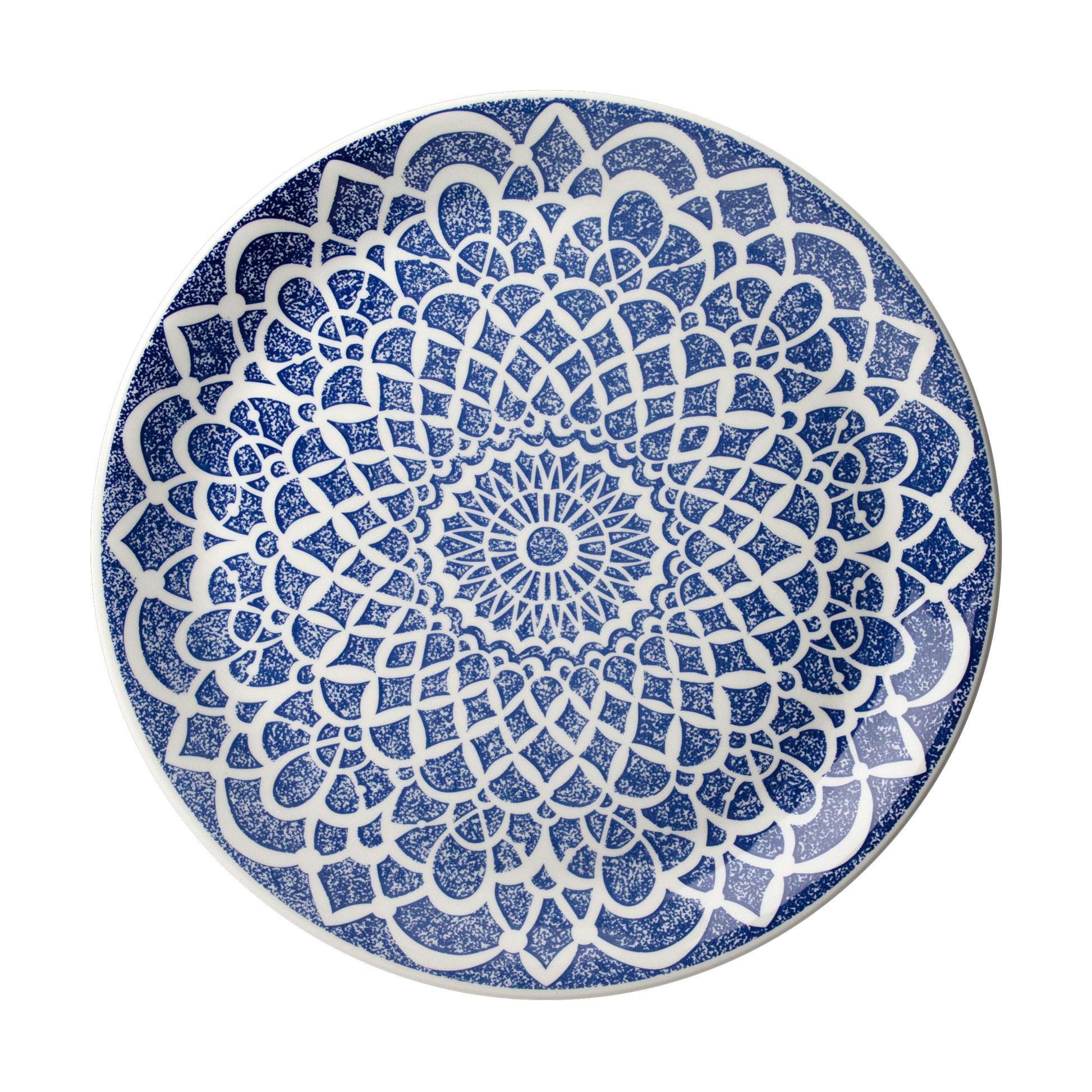 Blauer Teller mit Mandala-Muster.