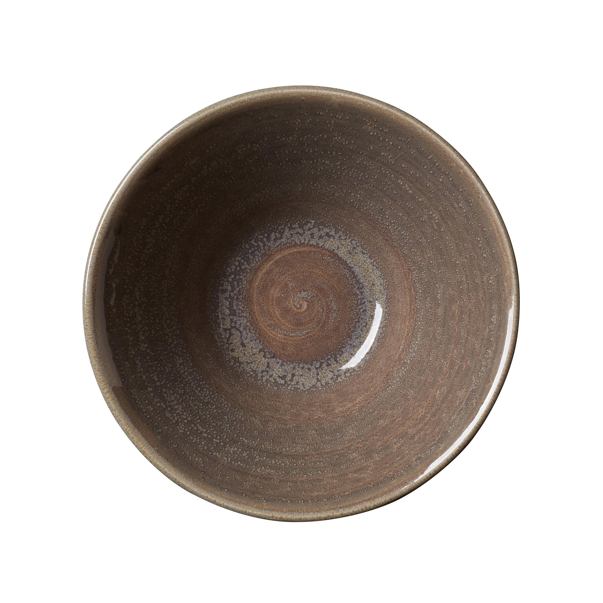 Leere, braune Keramikschüssel, obenansicht.