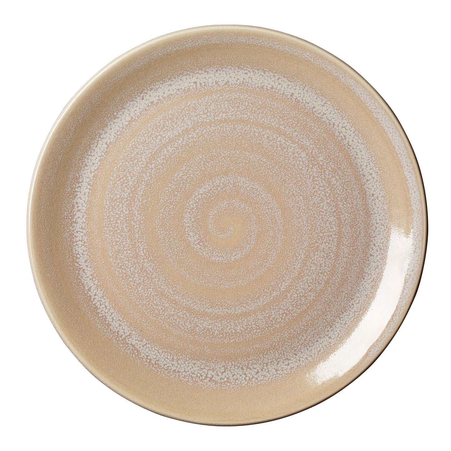Beiger Teller mit Spiraldesign.