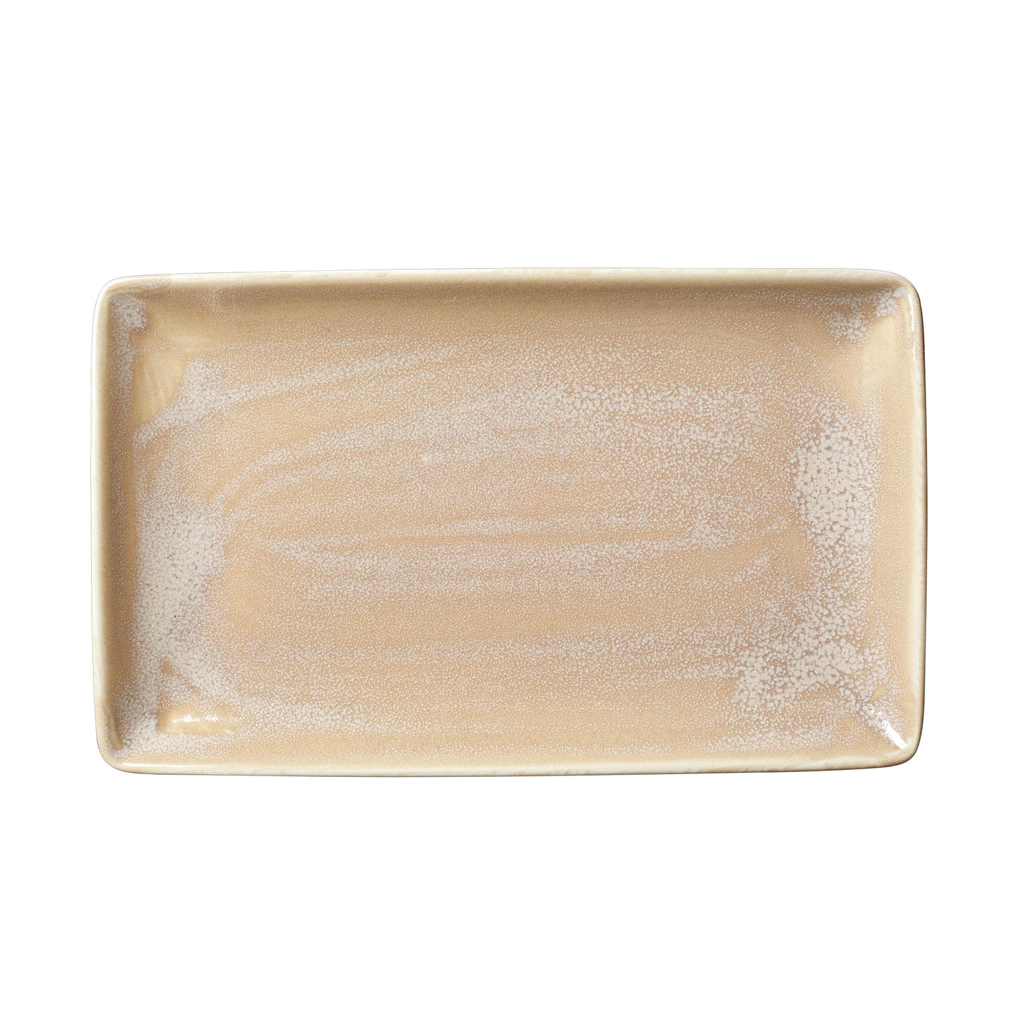 Rechteckiger, beige Keramikteller, leer.
