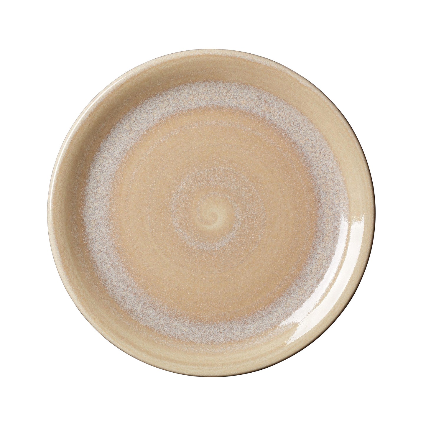 Beiger Teller mit spiralförmigem Muster.