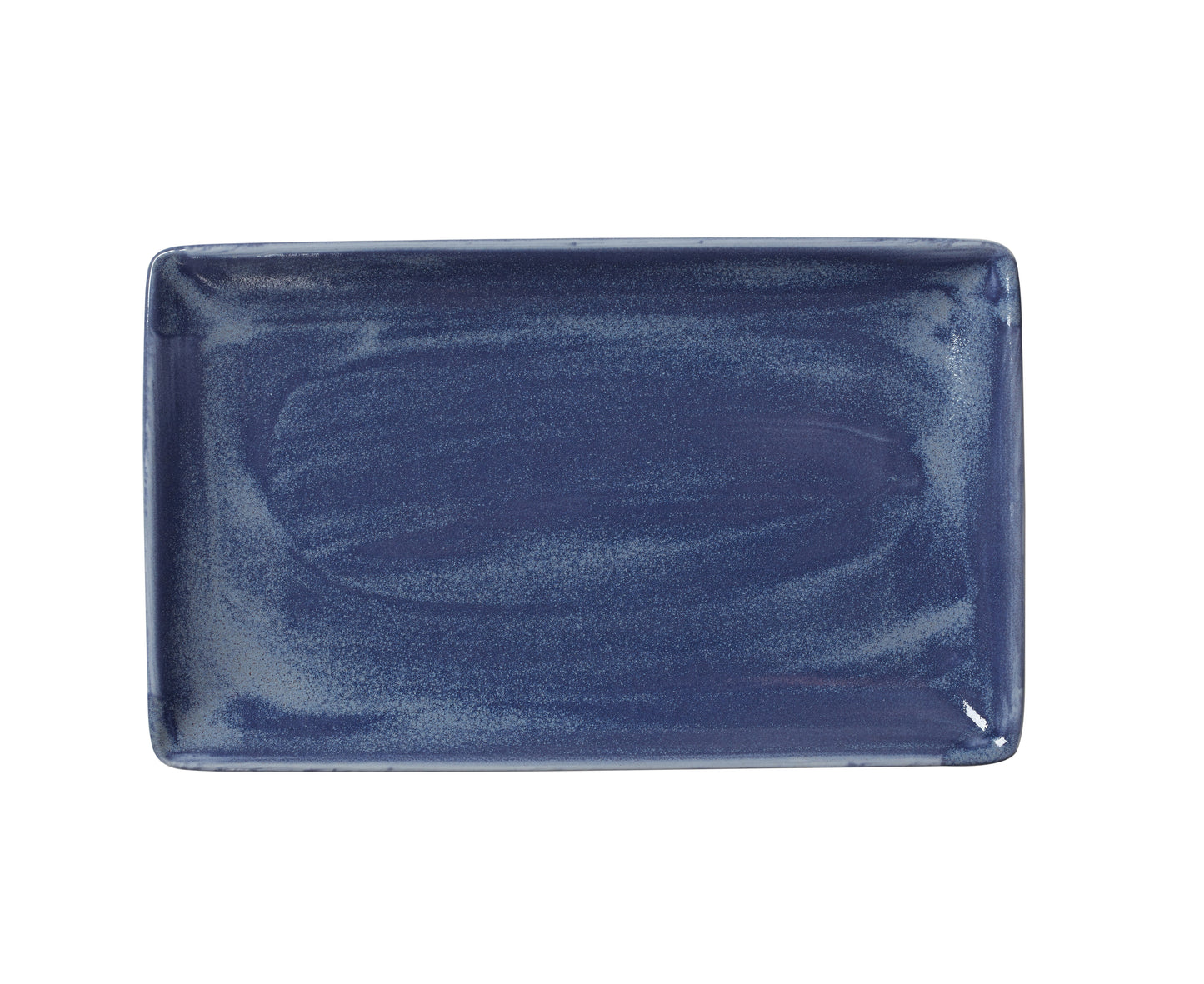 Rechteckiger, blauer Keramikteller, leer.