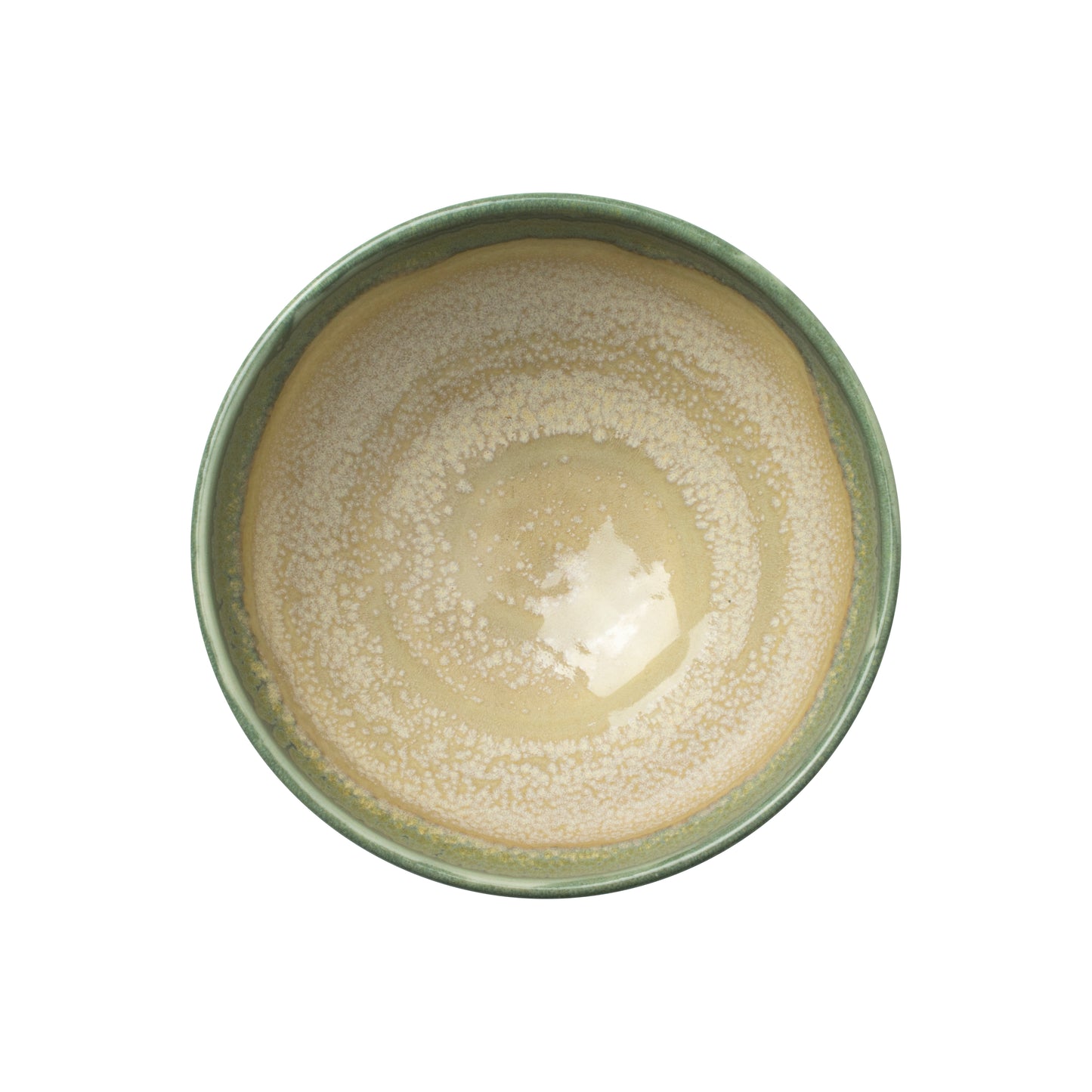 Leere, grün-gelbe Keramikschüssel obenansicht.