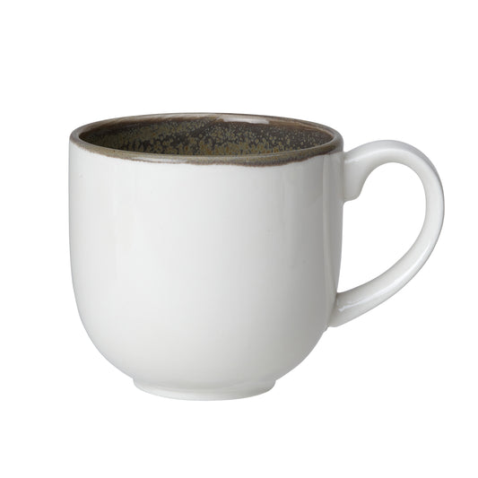 Weiße Tasse mit Henkel.