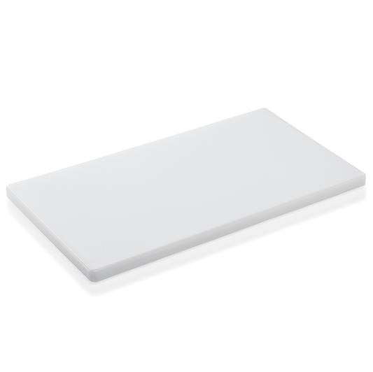Weiße rechteckige Tischplatte, minimalistisch.