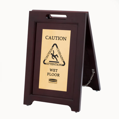 Boden‑Warnaufsteller „Caution Wet Floor“, Executive‑Ausführung, Holz