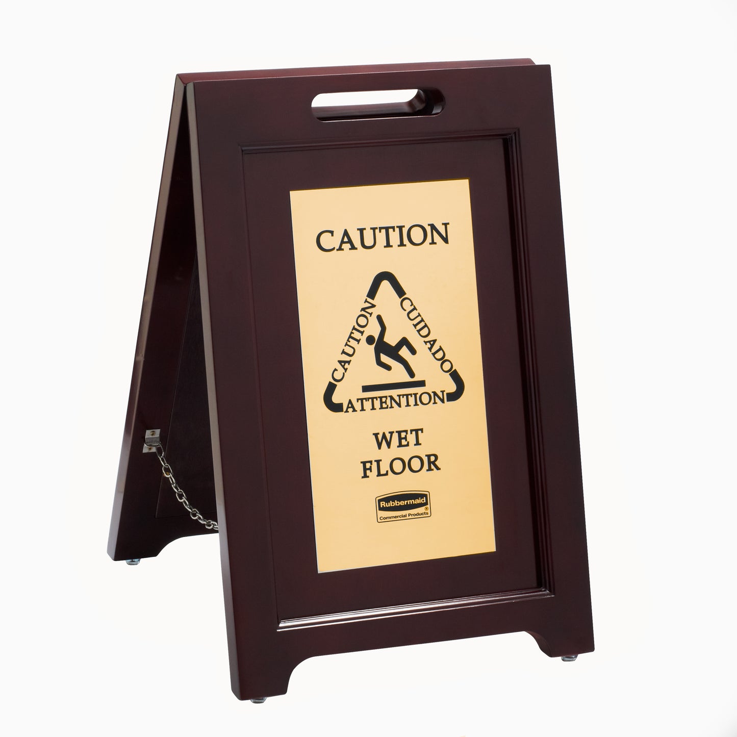 Boden‑Warnaufsteller „Caution Wet Floor“, Executive‑Ausführung, Holz