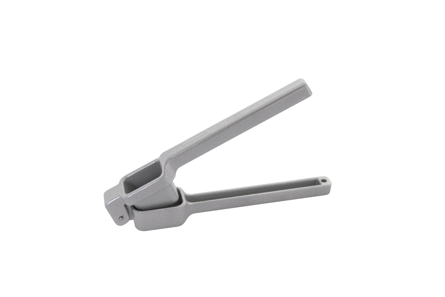 Knoblauchpresse aus grauem Kunststoff.