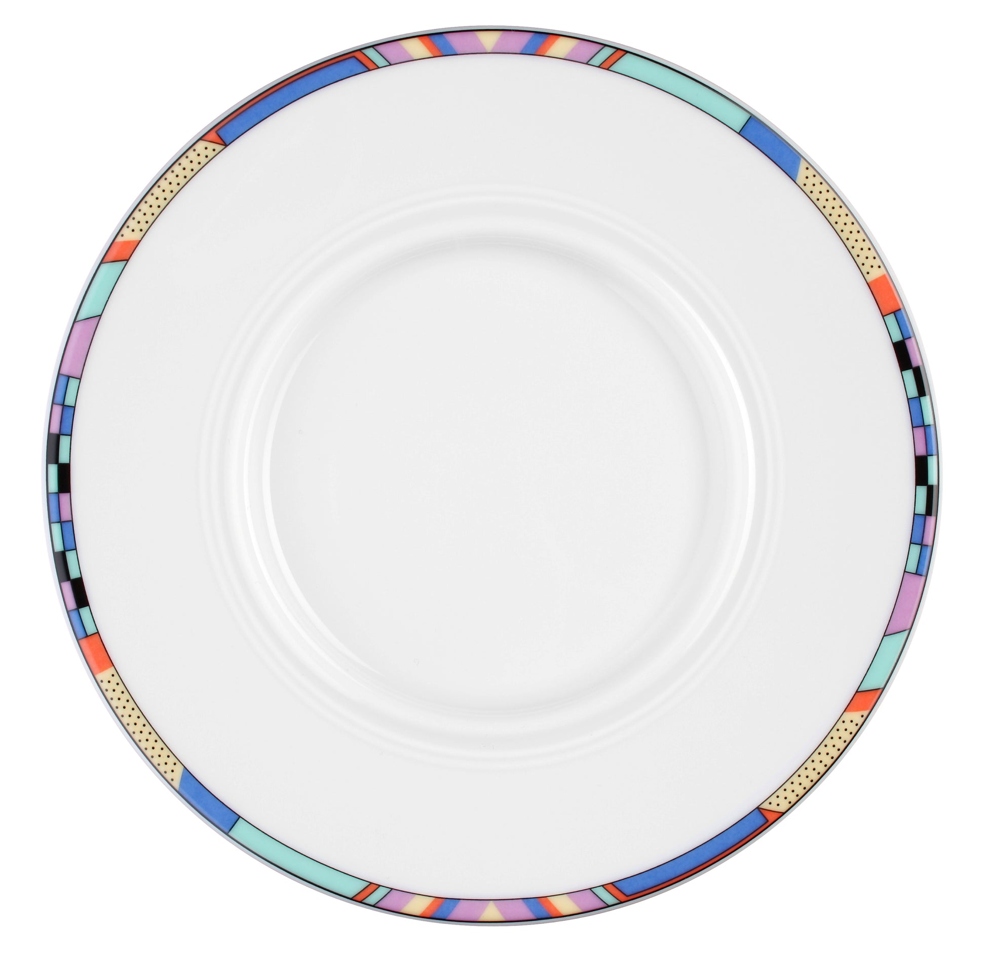 Leerer, bunter Gastronomie-Teller oben.