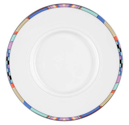Leerer, bunter Gastronomie-Teller oben.