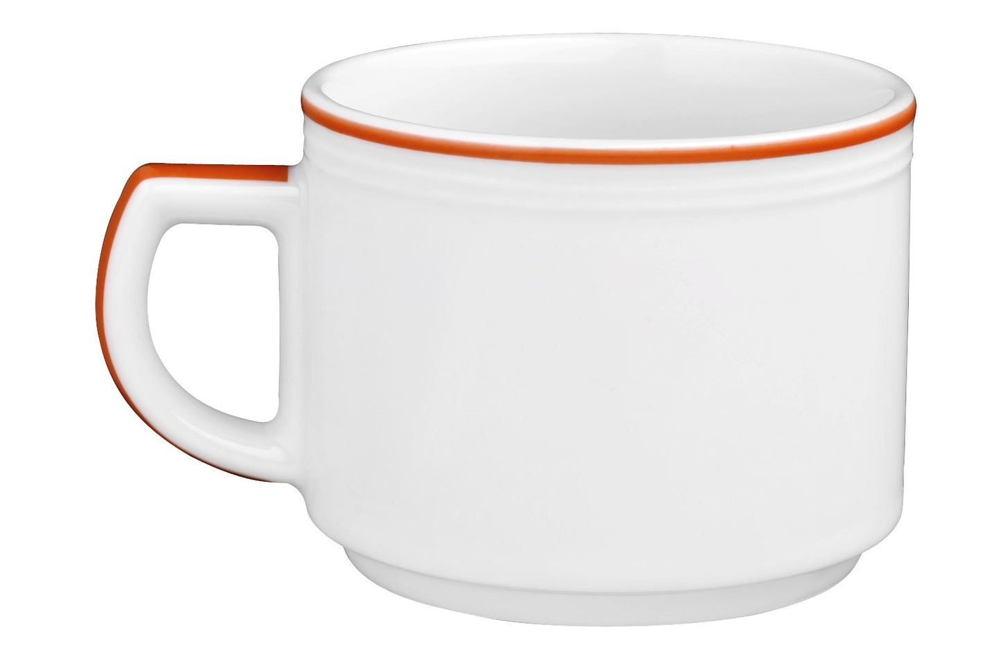 Weiße Kaffeetasse mit orangeem Rand