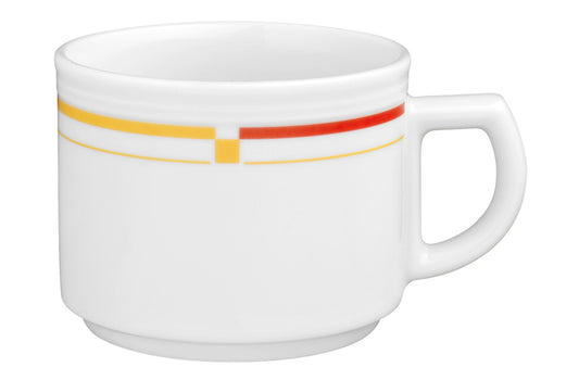 Weiße Tasse mit farbigen Streifen
