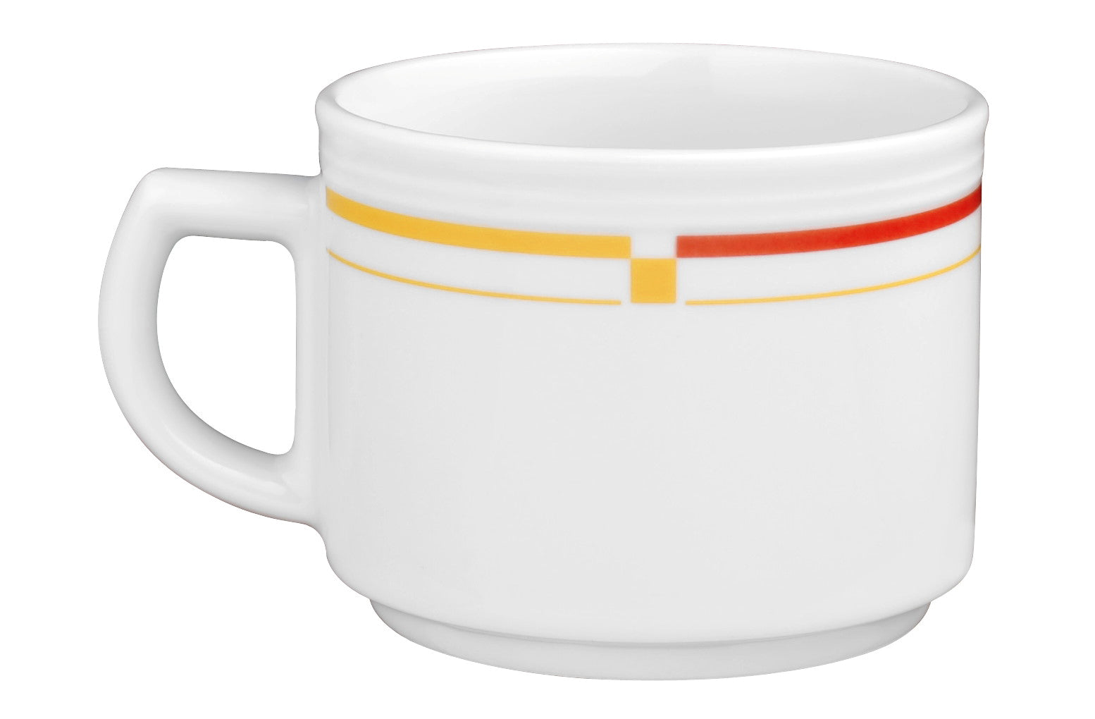 Weiße Tasse mit farbigen Streifen