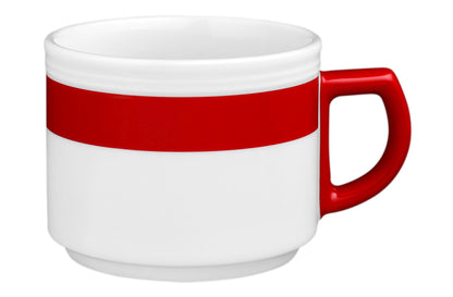 Weiße Tasse mit rotem Henkel.