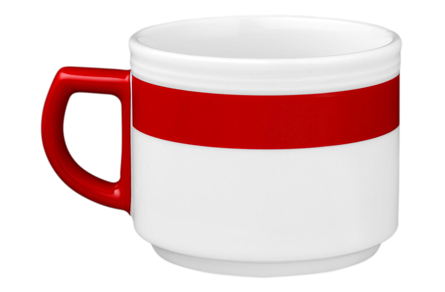 Weiße Tasse mit rotem Henkel.