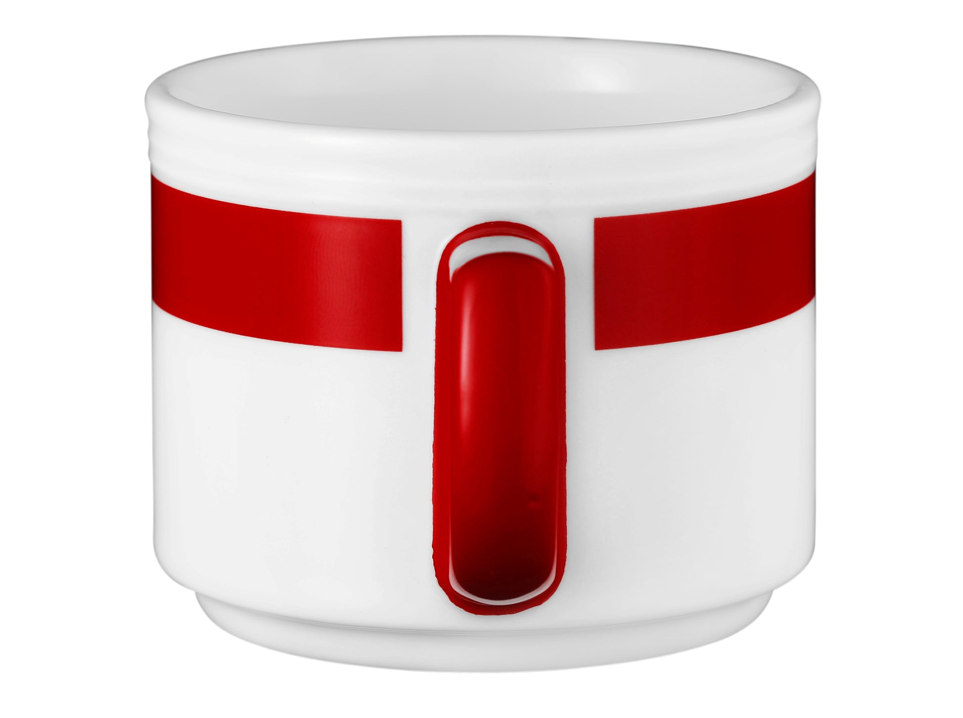 Weiße Tasse mit rotem Henkel.