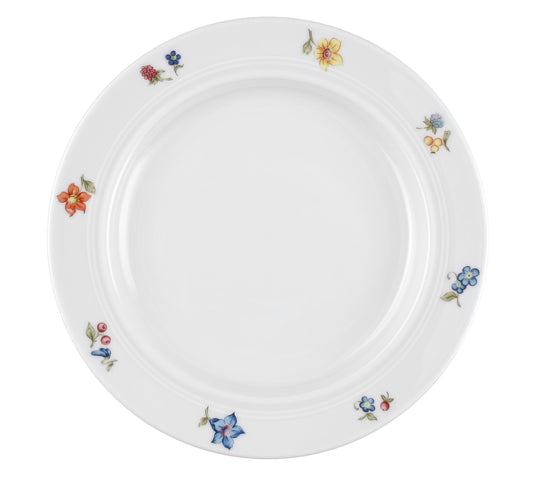 Leerer, dekorierter Porzellanteller mit Blumen.