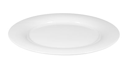 Weißer leerer Porzellanteller, obenansicht.