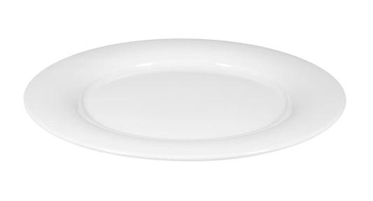 Weißer leerer Porzellanteller, obenansicht.