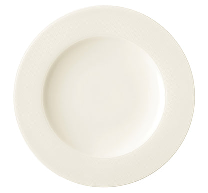Tiefer, weißer Porzellanteller, leer.