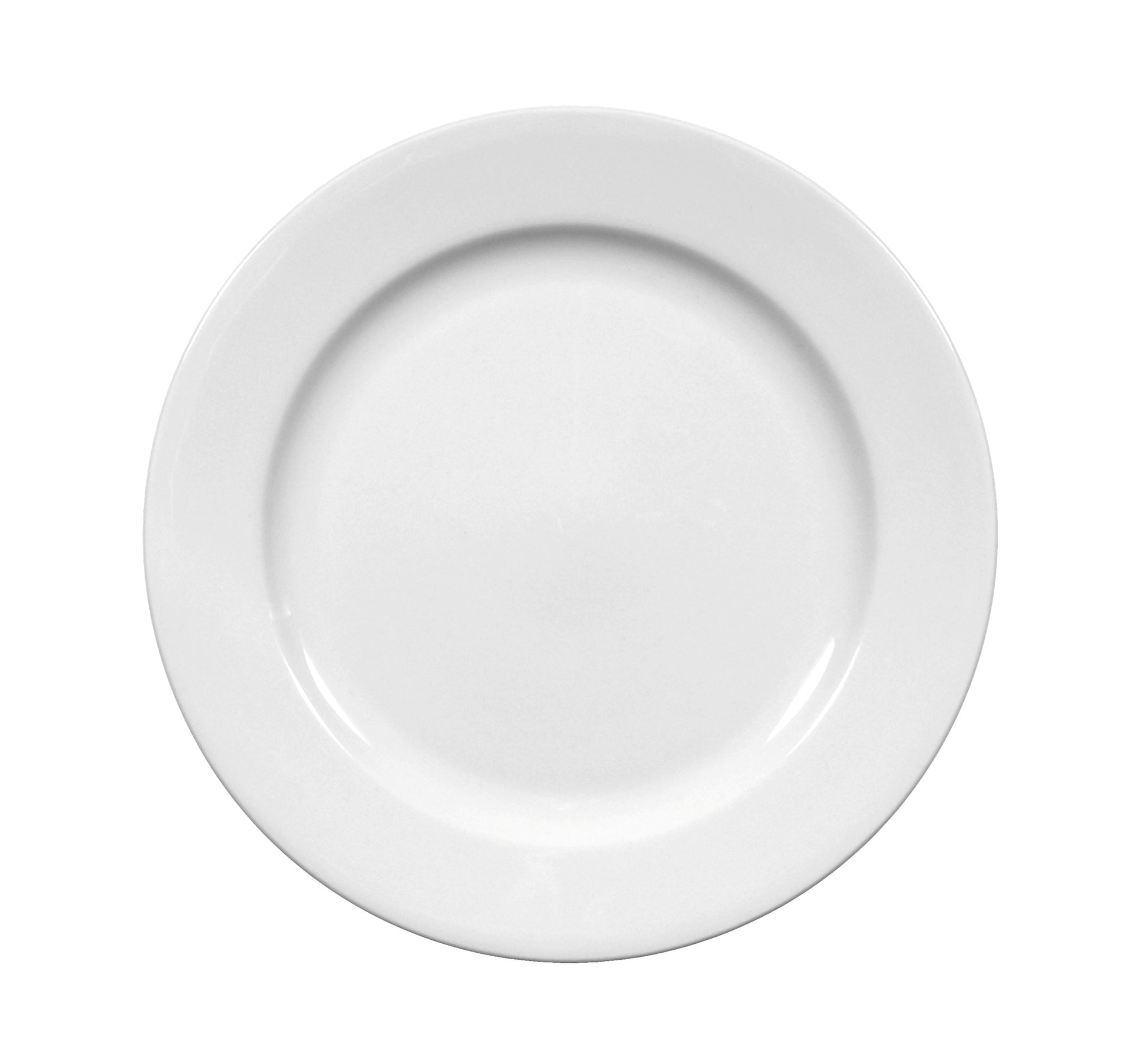 Weißer Porzellanteller, seitliche Ansicht.