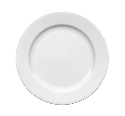 Weißer Porzellanteller, seitliche Ansicht.